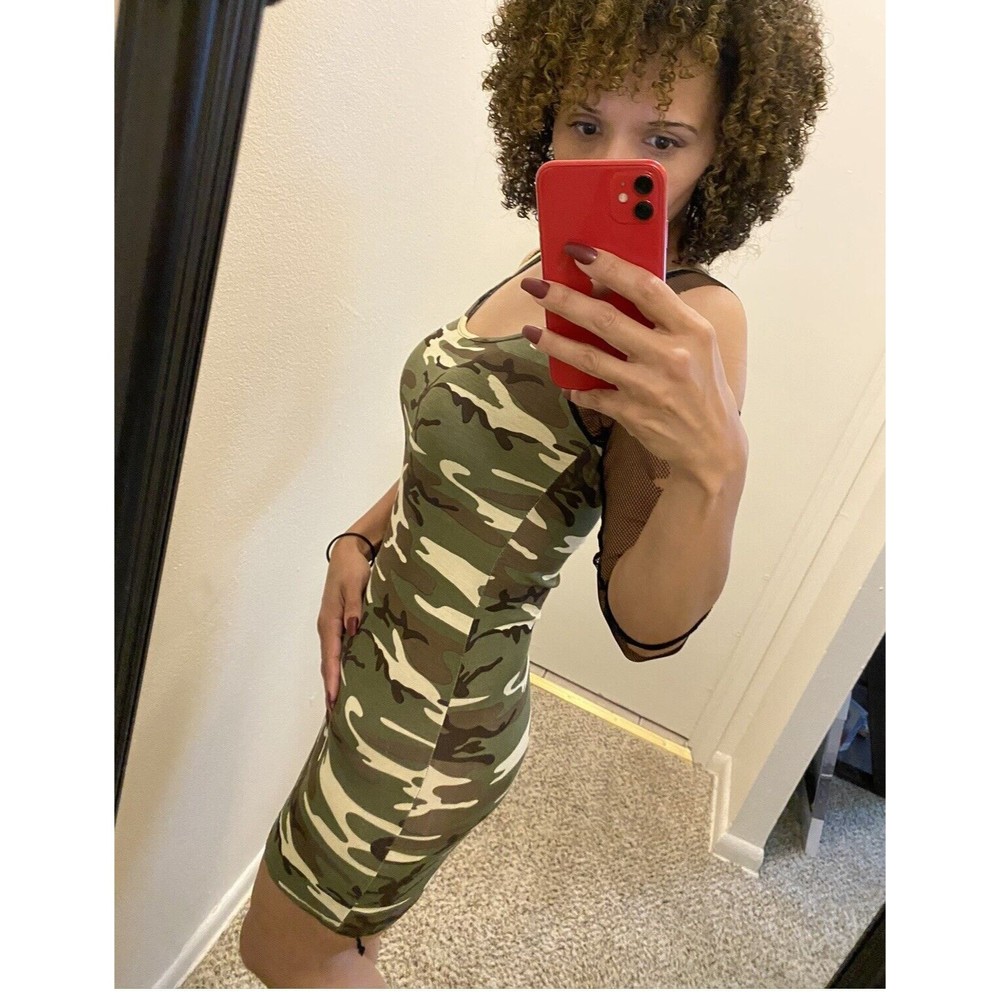Toxic-Green/Brown-Body Con-Mini Camo Dress-with Distressed Mesh Sleeves-Lg.-Used